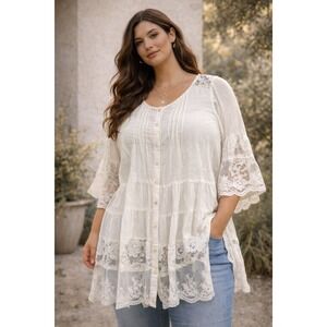 Denim 24/7 White Boho Lace Tiered Tunic Top Size 12W Button Front Bell Sleeve